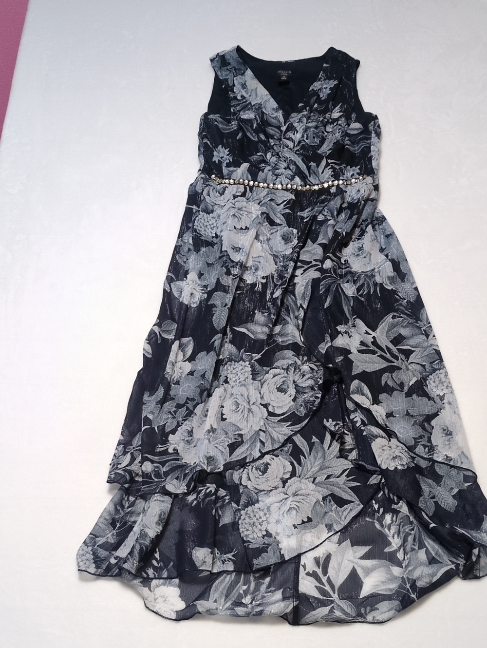 Alexa B Nites Floral High Low Maxi Dress Embellished Waist 14